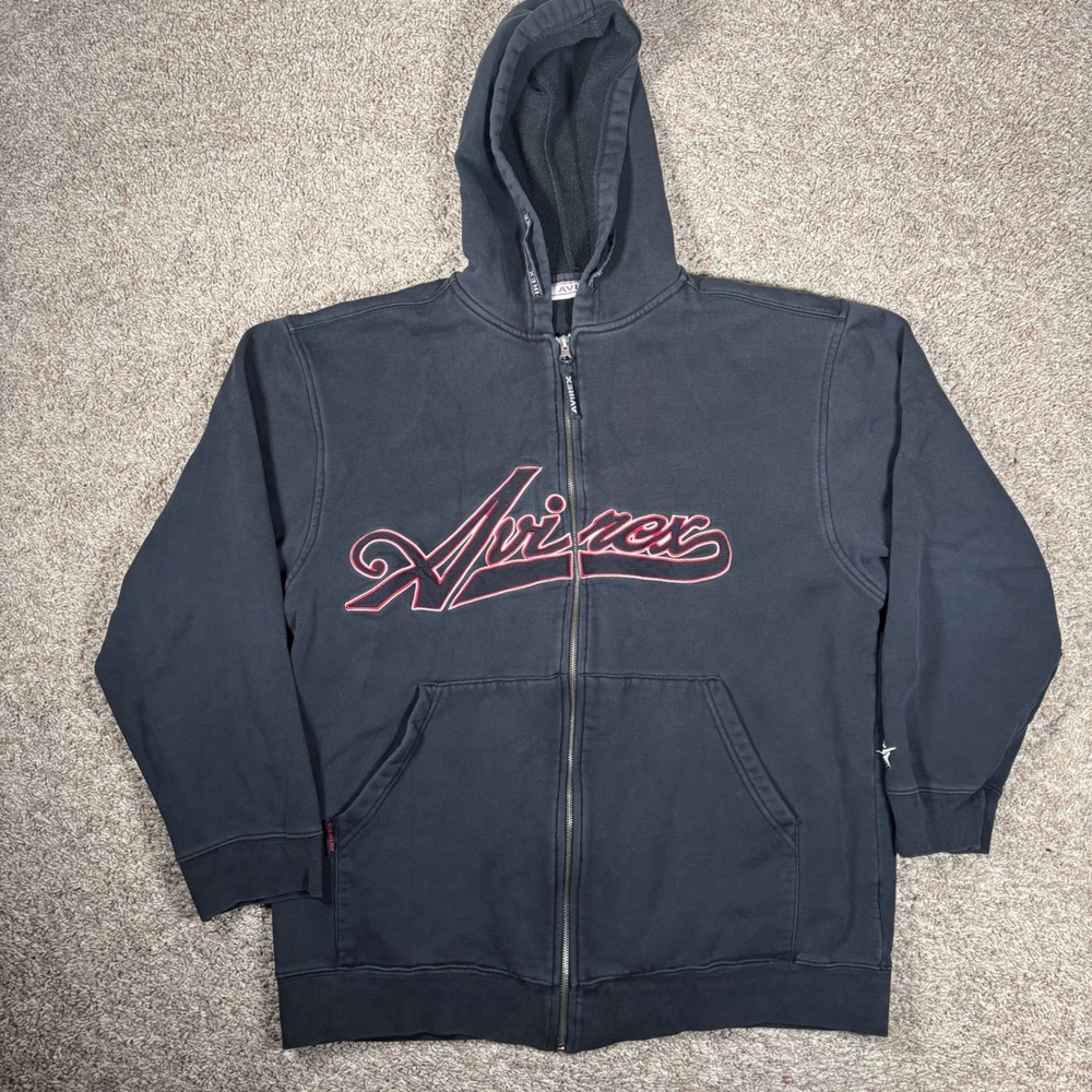 Avirex Mens‎ Vintage Full Zip Hoodie Black Red Embroidered Spellout Logo 2XL